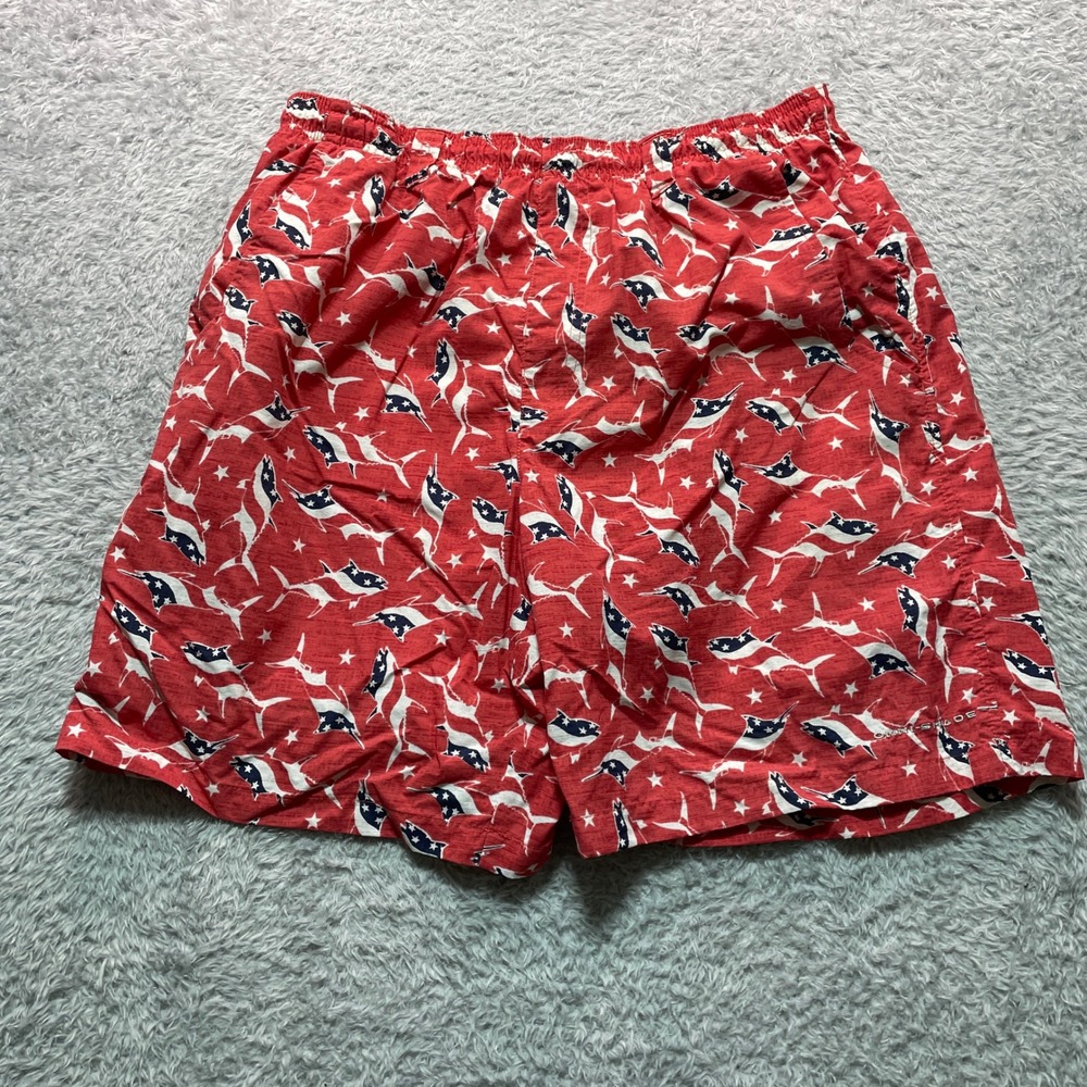 Columbia PFG Mens Red American Flag Shark Print Swim Trunks Shorts Size M